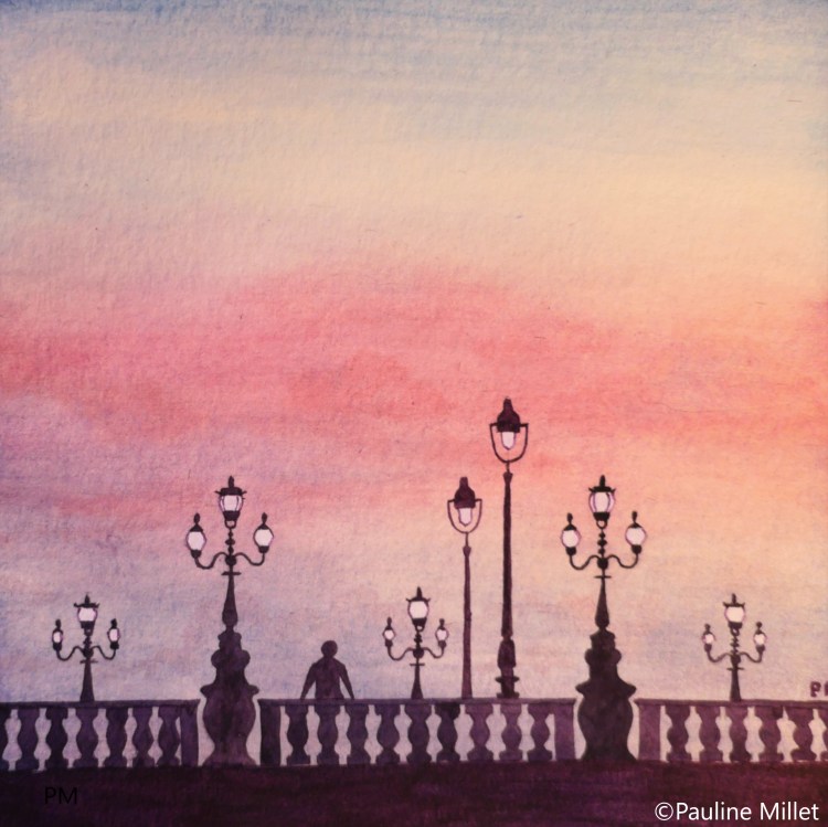 pont Alexandre III paris coucher de soleil rose illustration aquarelle pauline millet